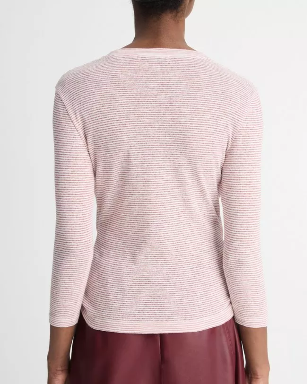 MICRO STRIPE COTTON BLEND 3/4 SLEEVE T-SHIRT IN OFF WHITE/PINK CLOUD