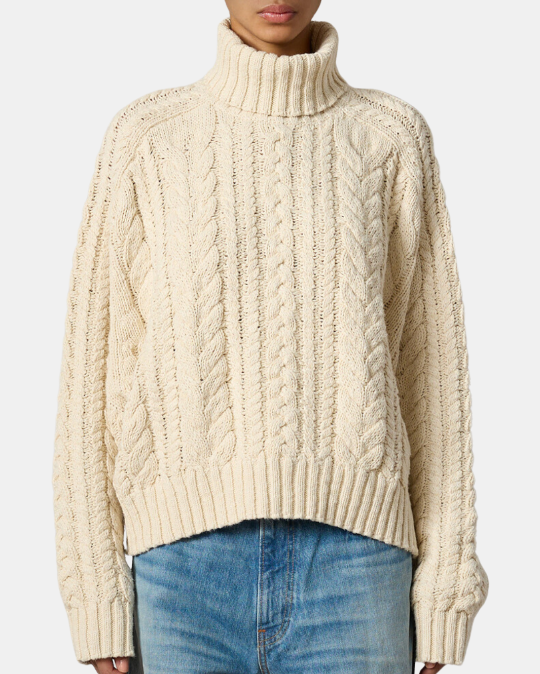 CABLE TURTLENECK SWEATER IN ECRU SLUB